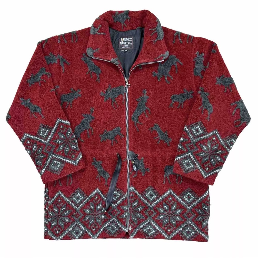 Vintage Muskoka Lakes Moose Fleece Jacket Sweater Full Zip Red Cinch Women’s Med